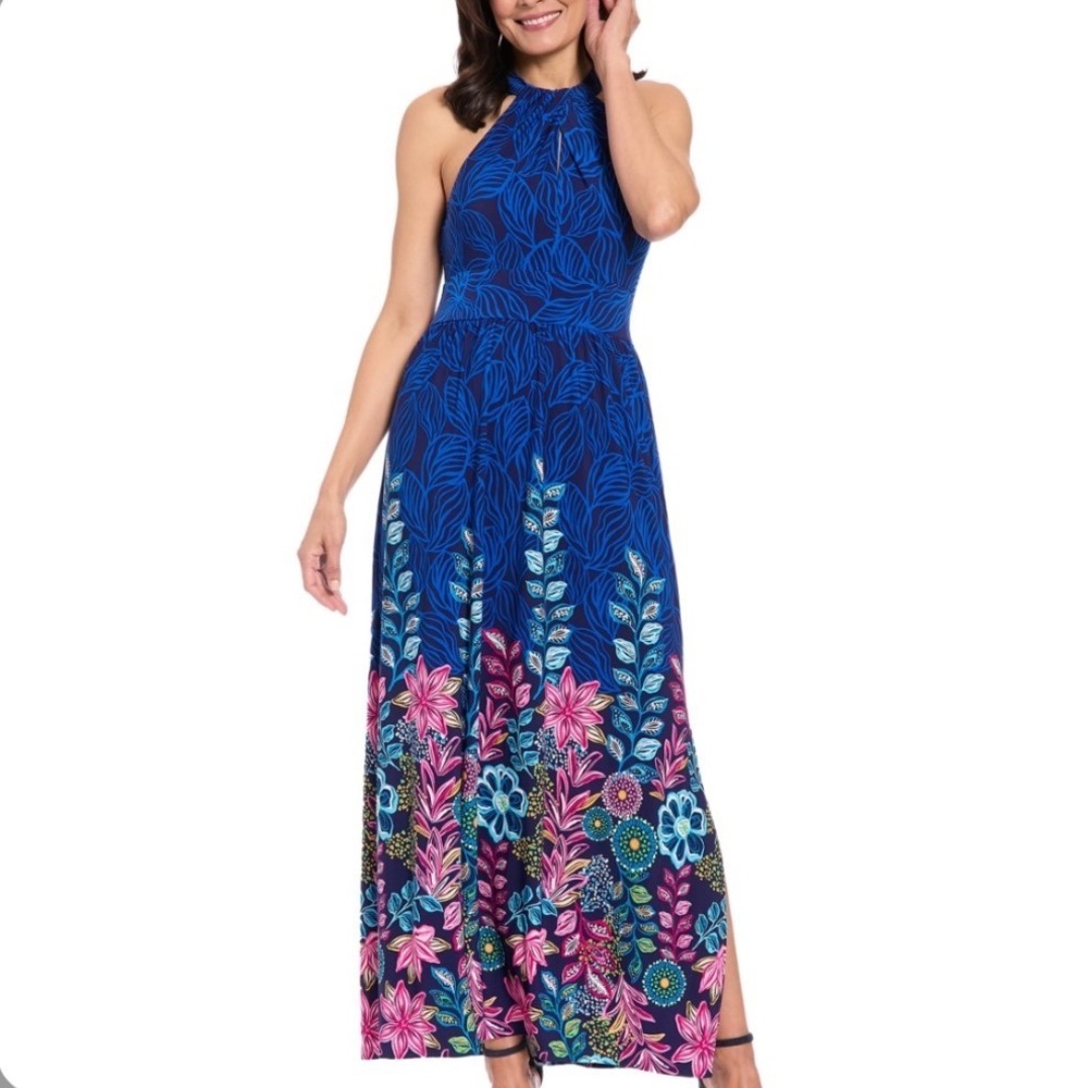London Times Maxi Dress Women 8 New Floral Halter Neck Keyhole Blue Pink